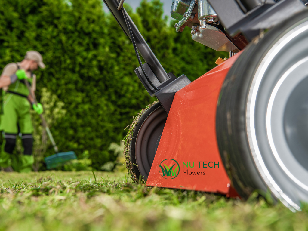Ride on mower and push lawn mower displayed side by side on a residential lawn.